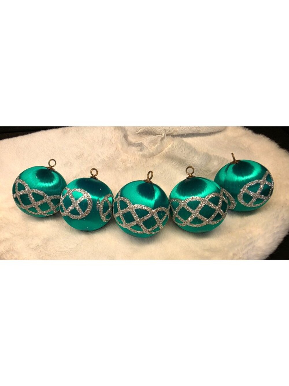 Vintage Green Satin Christmas Tree Ornaments w Silver Glitter Stenciled Designs
